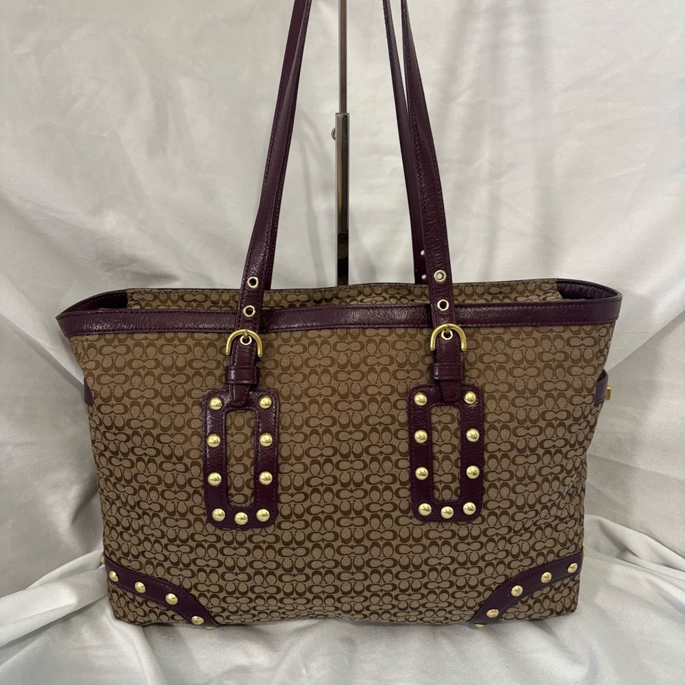 Coach Vintage Studded Signature C Shoulder Bag Tote Large Brown Burgundy Leather - Picture 2 of 14